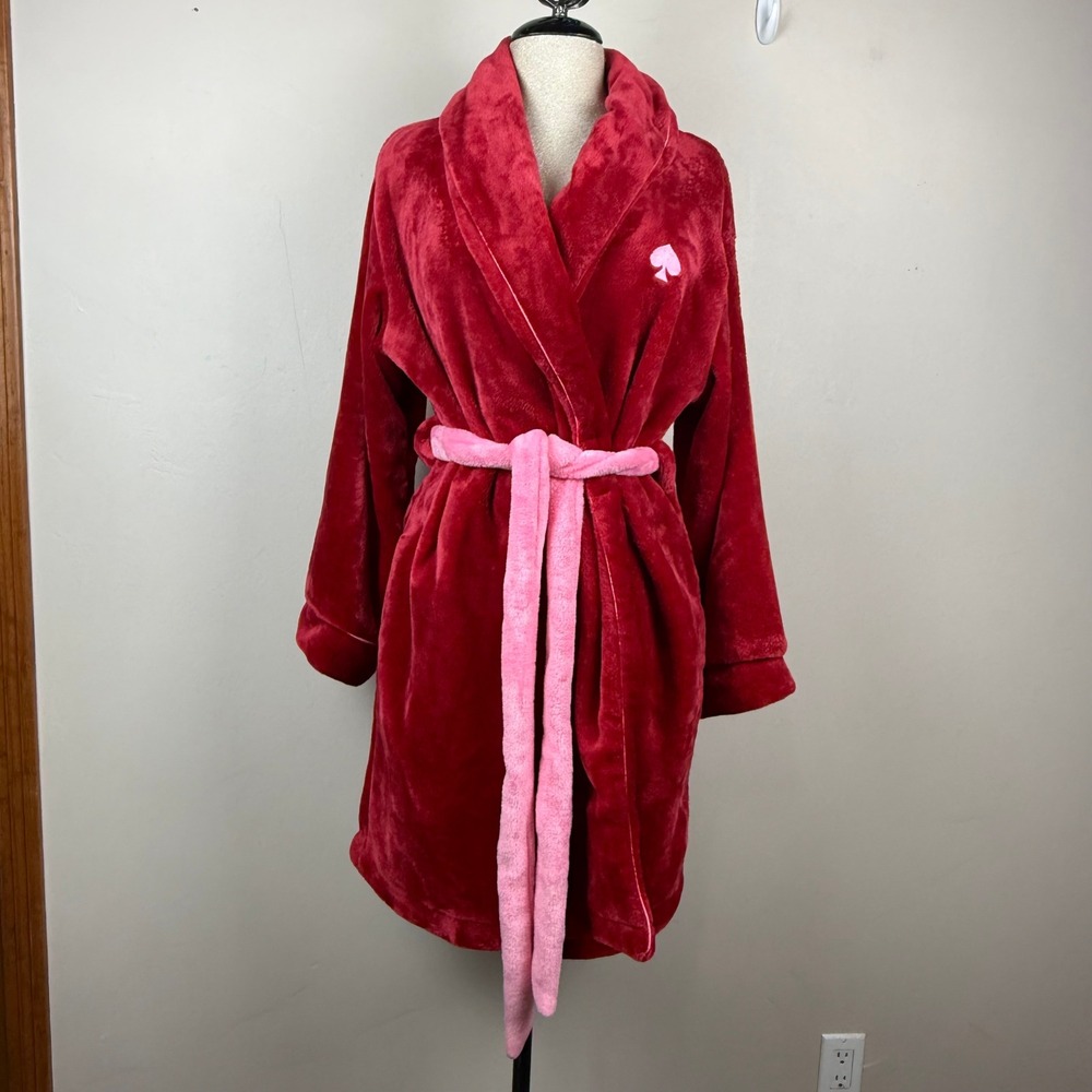 Kate Spade Robe Women L/XL Red Pink Plush Fleece Logo Belt Lounge Cozy Soft Warm